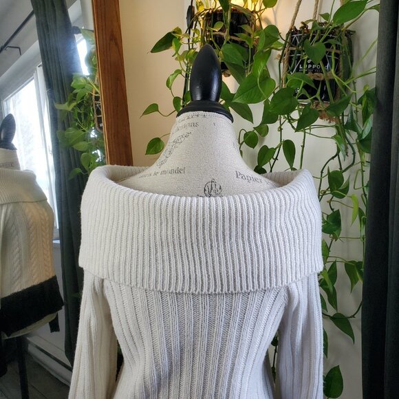 SUZY SHIER | Off The Shoulder Cable knit Long Sleeve Black White Sweater (M) - Picture 6 of 10